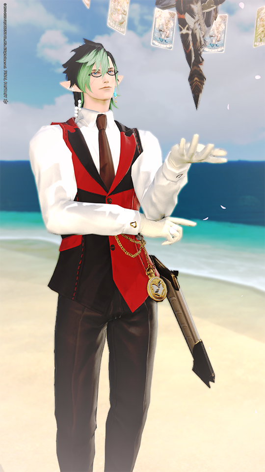 Airen wearing the 2020 Valentoine event outfit standing in a relaxed position with his star globe floating above his left hand